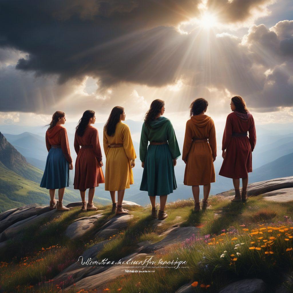 A powerful scene showcasing a diverse group of women, symbolizing strength and resilience, standing together on a rugged mountain peak, with rays of sunlight breaking through stormy clouds. Each woman reflects a different cultural background, their expressions filled with determination and joy. Elements of nature like wildflowers at their feet symbolize growth and freedom. Include an inspiring quote about empowerment in elegant script at the bottom. vibrant colors. super-realistic. wide-angle view.