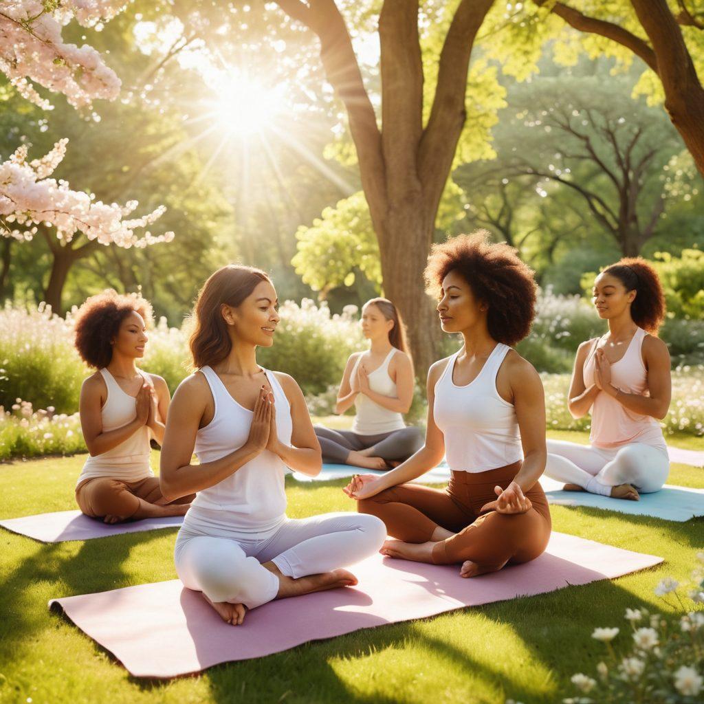 A diverse group of women of various ethnicities gathered in a lush park, engaging in activities such as yoga, sharing ideas, and supporting each other, with a backdrop of blooming flowers and sunlight streaming through trees. The atmosphere is warm and inviting, evoking feelings of empowerment and unity. soft pastels. warm lighting. realistic style.