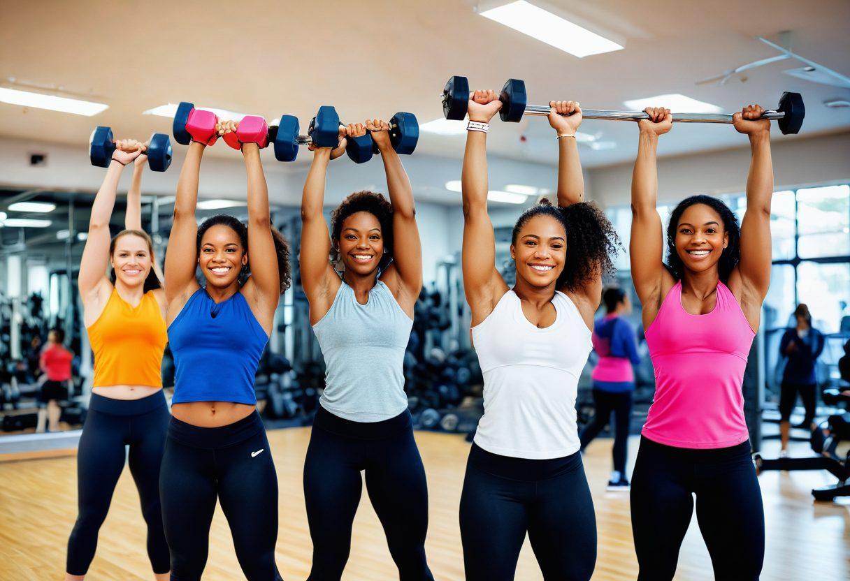 A dynamic scene of diverse women of different ethnicities lifting weights together in a bright, uplifting gym. Each woman embodies strength and empowerment, showcasing their fitness journey with determination and joy. Incorporate elements of sisterhood through high-fives and smiles, with inspirational quotes on the walls. The atmosphere is energetic and supportive, with warm lighting enhancing the connection among them. super-realistic. vibrant colors. 3D.